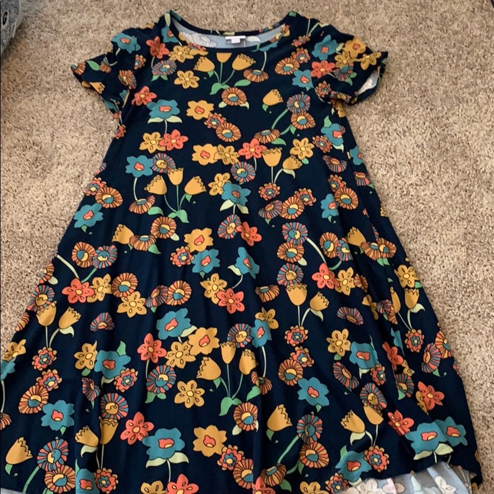 LuLaRoe Carly Dress S navy, mustard, blue floral